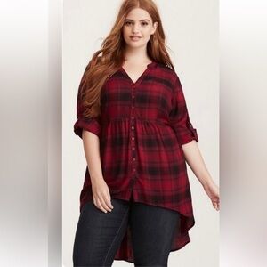 TORRID Rayon Hi-Low Button Front Long Sleeve Plaid Tunic Size 1 1X